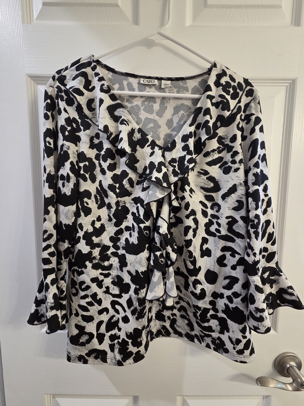 Cato Black & White Leopard Ruffle V-Neck Blouse
